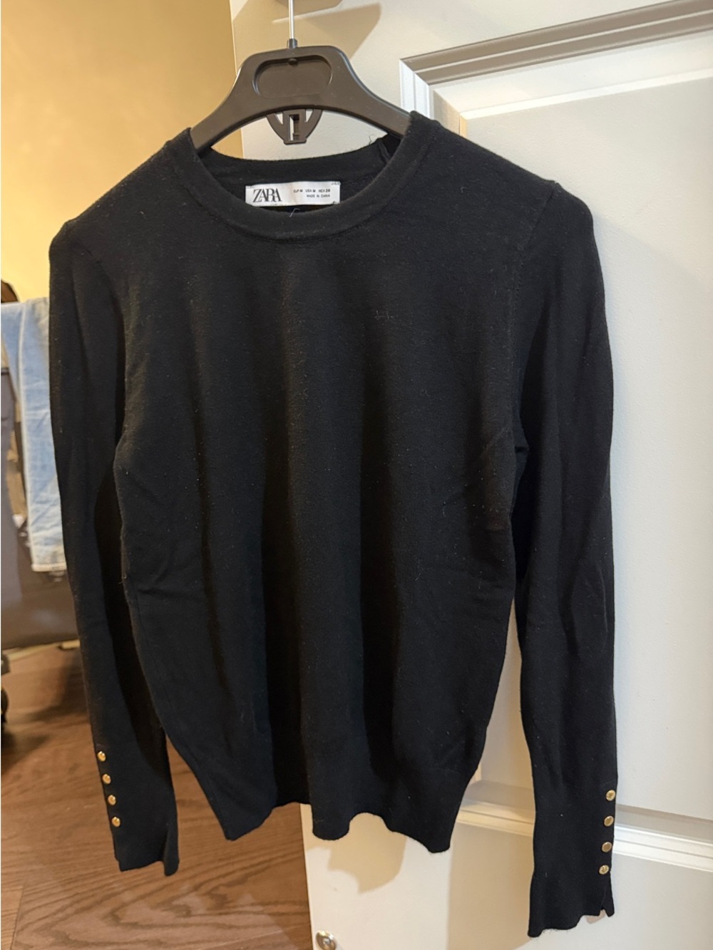 Zara Black Crewneck Sweater with Gold Cuff Buttons